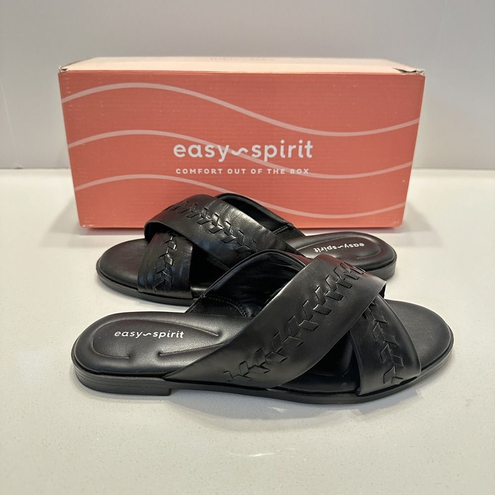 Easy Spirit Joella Black Leather Whipstitch Crisscross Slide Sandals 7W Wide